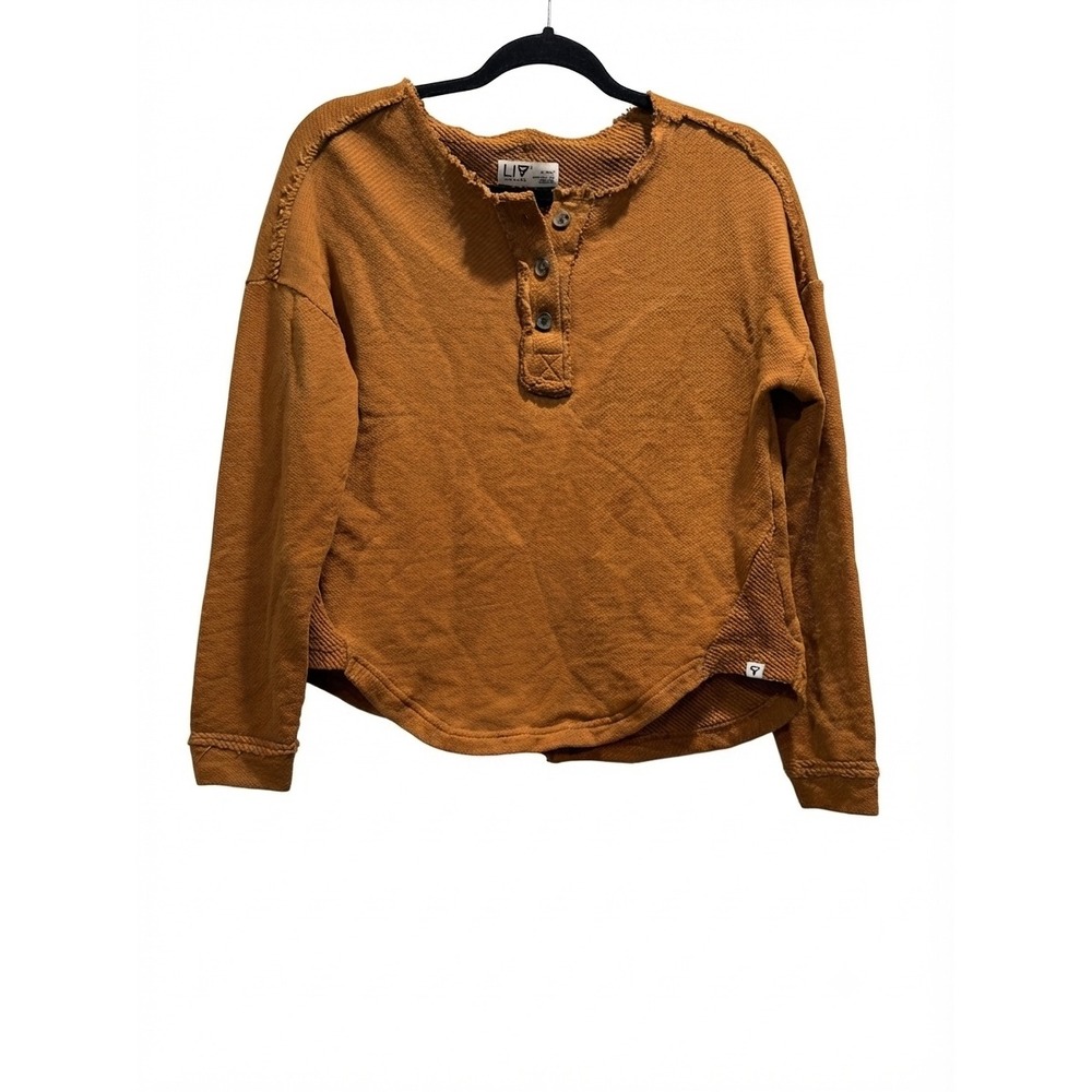 LIV Outdoor Womens Rust Orange Cotton Henley Sweatshirt Raw Edge Size Small